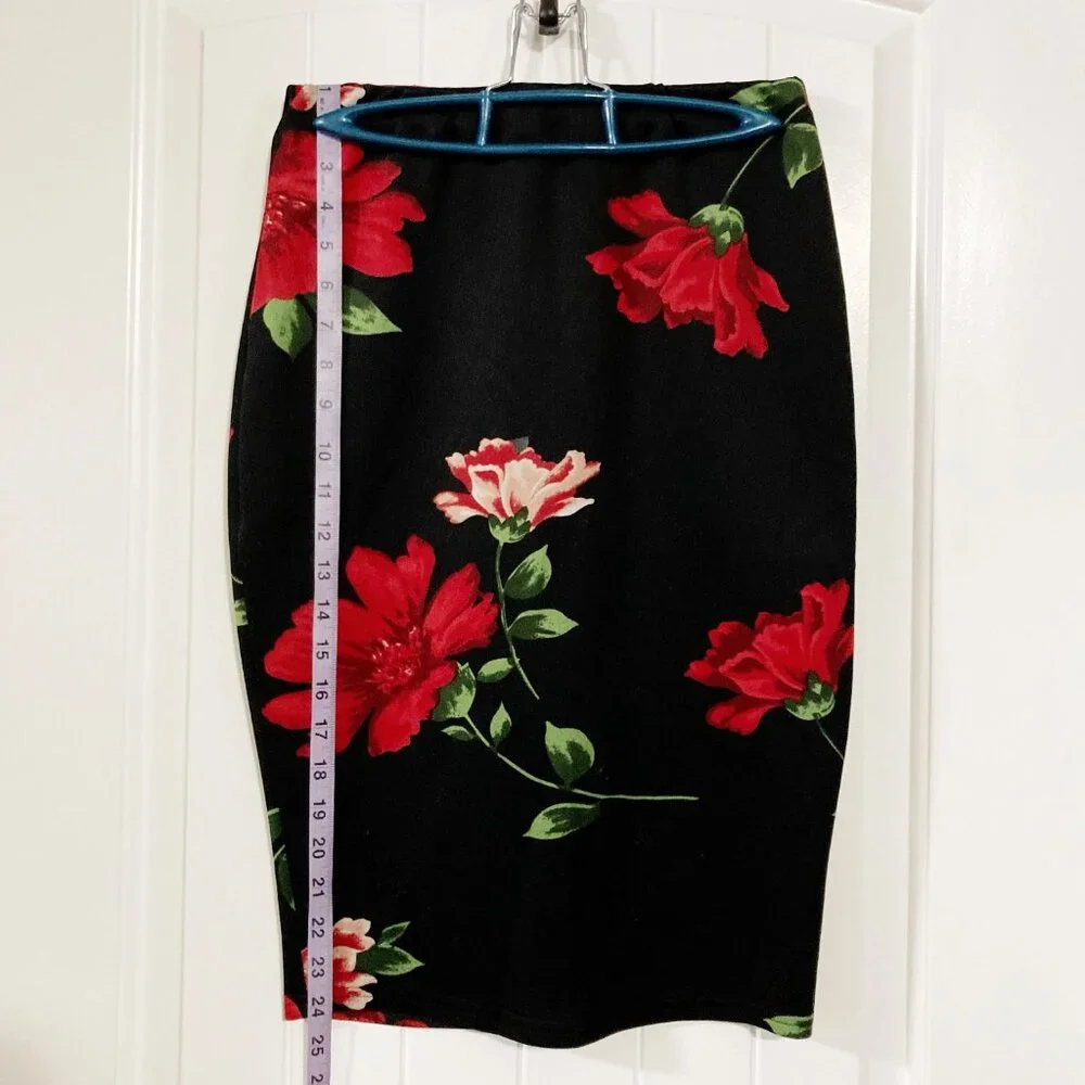 REVAMPED Black red green floral print bodycon pencil skirt XS SMALL wiggle skirt - Picture 4 of 12